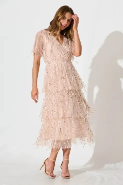 New Catalina Midi Dress In Rose Gold Sequin Dresses|Cocktail