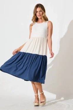 Outlet Cecily Midi Dress In Navy Colourblock Linen Blend Dresses|Casual