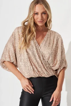 New Celebration Sequin Mock Wrap Top In Rose Gold Tops|Party & Occasion