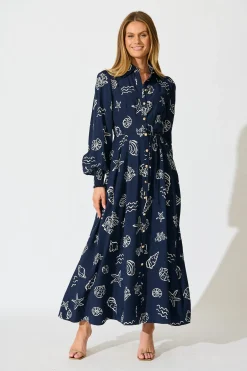 Hot Celestial Reef Maxi Shirt Dress in Navy with White Shell Print Dresses|Casual