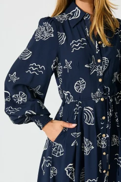 Hot Celestial Reef Maxi Shirt Dress in Navy with White Shell Print Dresses|Casual