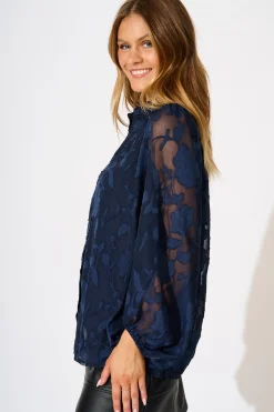 Sale Celestial Shirt in Navy Floral Burnout Chiffon Tops|Party & Occasion