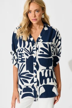 Outlet Celia Shirt in Navy and White Print Tops