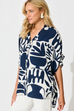 Outlet Celia Shirt in Navy and White Print Tops