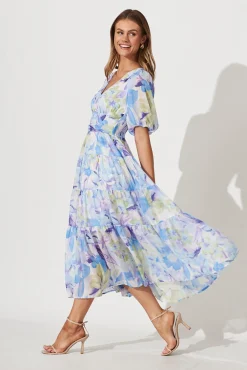 Clearance Celine Midi Dress In Blue With Green Watercolour Floral Print Dresses|Party