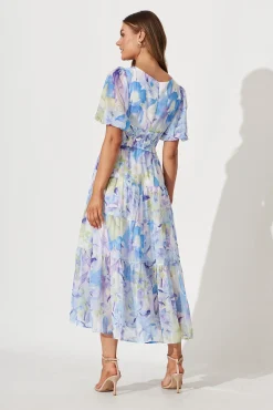 Clearance Celine Midi Dress In Blue With Green Watercolour Floral Print Dresses|Party