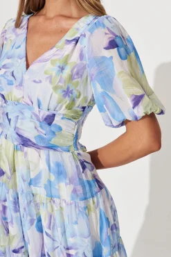 Clearance Celine Midi Dress In Blue With Green Watercolour Floral Print Dresses|Party