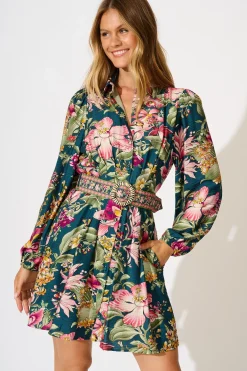 Online Charlene Shirt Dress in Green with Multi Floral Dresses|Party