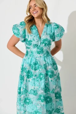 Fashion Cherish Midi Dress in Aqua Floral Organza Jacquard Dresses|Party