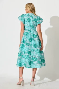 Fashion Cherish Midi Dress in Aqua Floral Organza Jacquard Dresses|Party