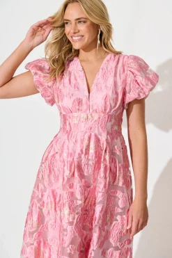 Hot Cherish Midi Dress in Pink Floral Organza Jacquard Dresses|Party