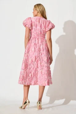 Hot Cherish Midi Dress in Pink Floral Organza Jacquard Dresses|Party