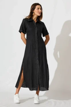 Fashion Christiana Maxi Shirt Dress In Black Linen Dresses|Casual