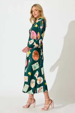 Online Ciao Bella Maxi Shirt Dress in Emerald Postcard Print Dresses|Casual