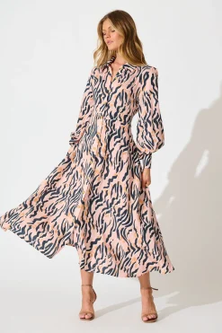 Discount Ciao Bella Maxi Shirt Dress in Blush with Black Print Dresses|Casual