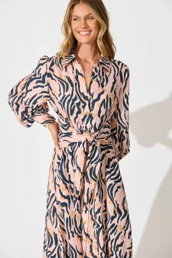 Discount Ciao Bella Maxi Shirt Dress in Blush with Black Print Dresses|Casual