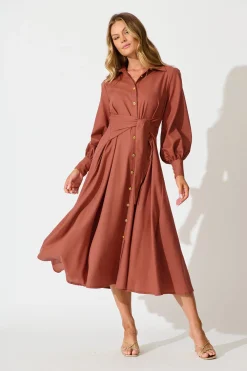 Discount Ciao Bella Maxi Shirt Dress In Rust Linen Blend Dresses|Casual