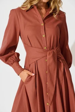 Discount Ciao Bella Maxi Shirt Dress In Rust Linen Blend Dresses|Casual