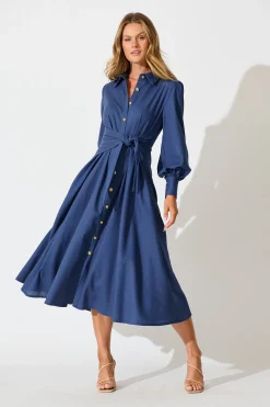 Best Ciao Bella Maxi Shirt Dress in Navy Linen Blend Dresses|Casual
