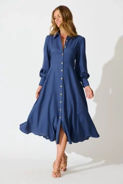 Best Ciao Bella Maxi Shirt Dress in Navy Linen Blend Dresses|Casual