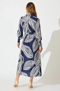 Clearance Clara Maxi Shirt Dress in Navy with White Print Dresses|Casual