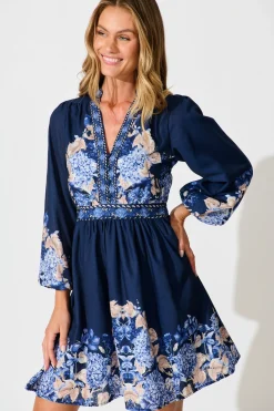 Hot Clarion Dress in Navy Border Floral Linen Blend Engagement Party|Hens Night