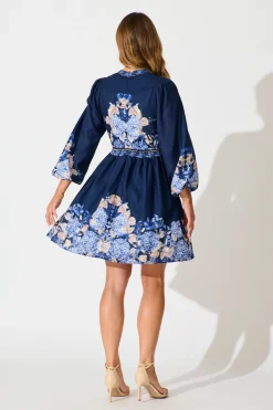 Hot Clarion Dress in Navy Border Floral Linen Blend Engagement Party|Hens Night