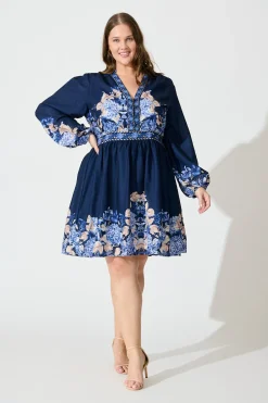Hot Clarion Dress in Navy Border Floral Linen Blend Engagement Party|Hens Night