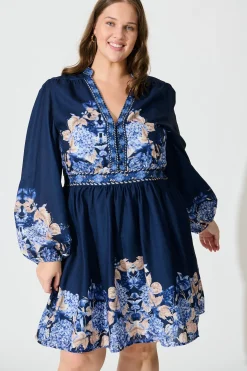 Hot Clarion Dress in Navy Border Floral Linen Blend Engagement Party|Hens Night