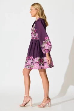 Online Clarion Dress in Plum Border Floral Linen Blend Dresses|Party