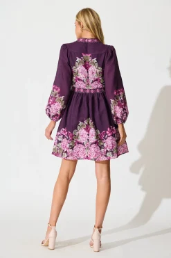 Online Clarion Dress in Plum Border Floral Linen Blend Dresses|Party