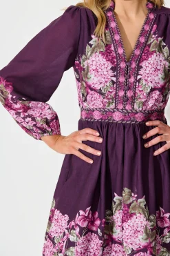 Online Clarion Dress in Plum Border Floral Linen Blend Dresses|Party