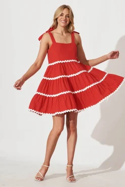 Clearance Claus Dress In Red With White Ric Rac Trim Cotton Dresses|Casual