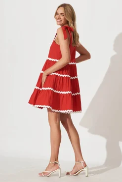Clearance Claus Dress In Red With White Ric Rac Trim Cotton Dresses|Casual