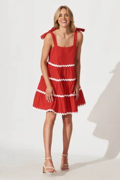 Clearance Claus Dress In Red With White Ric Rac Trim Cotton Dresses|Casual