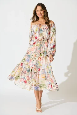 New Connie Midi Dress in White with Multi Floral Print Dresses|Casual