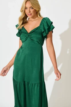 New Constantine Maxi Dress in Emerald Green Crinkle Satin Dresses|Cocktail