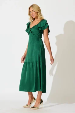 New Constantine Maxi Dress in Emerald Green Crinkle Satin Dresses|Cocktail