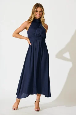 Best Costa Rica Halter Neck Maxi Dress in Navy Satin Dresses|Party