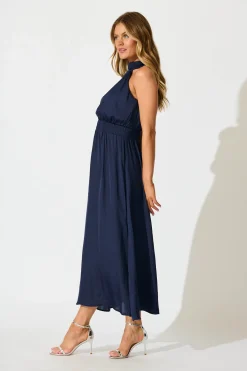 Best Costa Rica Halter Neck Maxi Dress in Navy Satin Dresses|Party