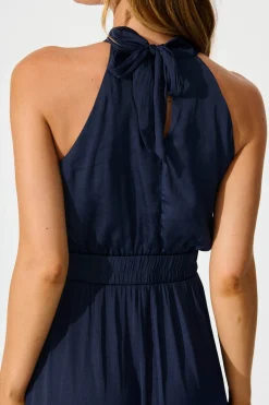 Best Costa Rica Halter Neck Maxi Dress in Navy Satin Dresses|Party