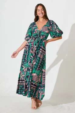 Clearance Coverdale Maxi Dress In Navy With Green And Blush Patchwork Dresses|Casual
