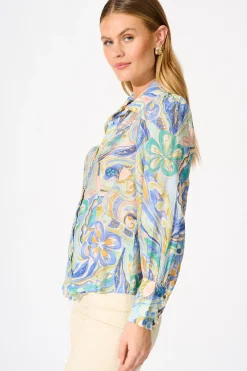 Best Dahlia Shirt in Blue Multi Print Tops|Casual
