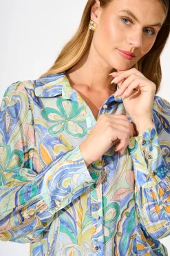 Best Dahlia Shirt in Blue Multi Print Tops|Casual