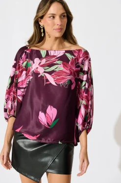 Online Darcy Off shoulder Top in Plum with Pink Floral Print Tops|Party & Occasion