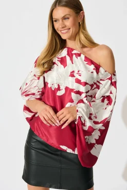 New Darcy Off Shoulder Top in Red with White Floral Print Satin Tops|Party & Occasion