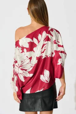 New Darcy Off Shoulder Top in Red with White Floral Print Satin Tops|Party & Occasion