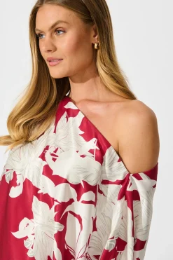 New Darcy Off Shoulder Top in Red with White Floral Print Satin Tops|Party & Occasion