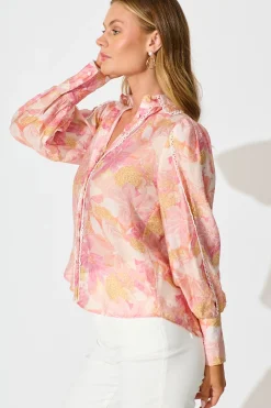 Discount Davies Shirt in Pink Floral With White Lace Trim Tops|Party & Occasion