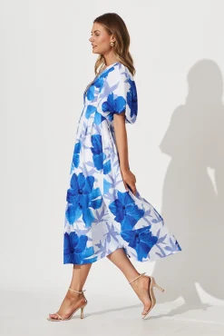 Clearance Daydreamer Midi Dress In White With Blue Flower Print Dresses|Party